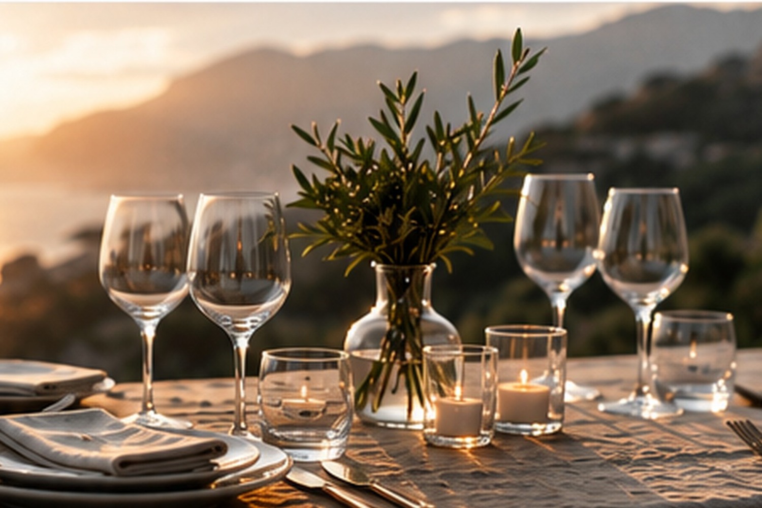 Elegant gedeckter Tisch mit Blick auf das Meer